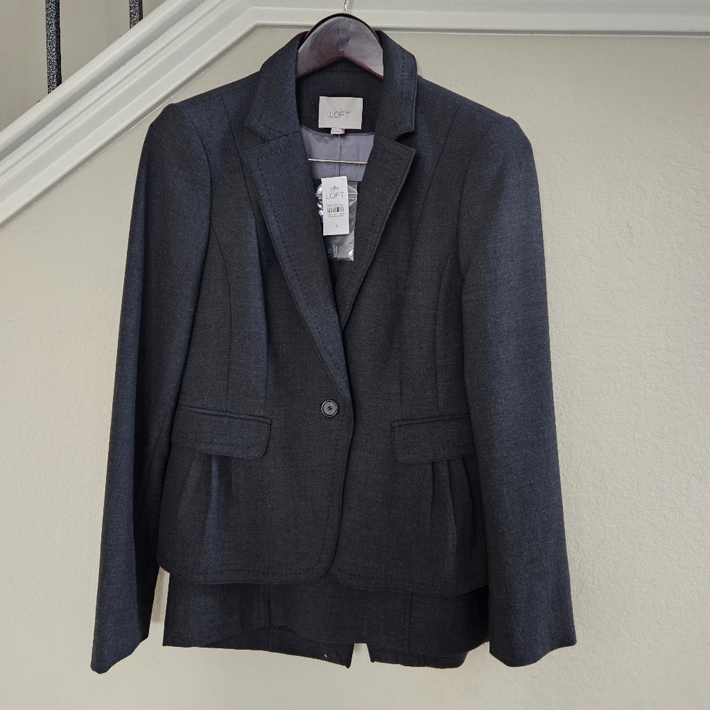 ANN TAYLOR LOFT Brushed Charcoal Grey Pleated Bustle Blazer Skirt Set sz 6 NWT